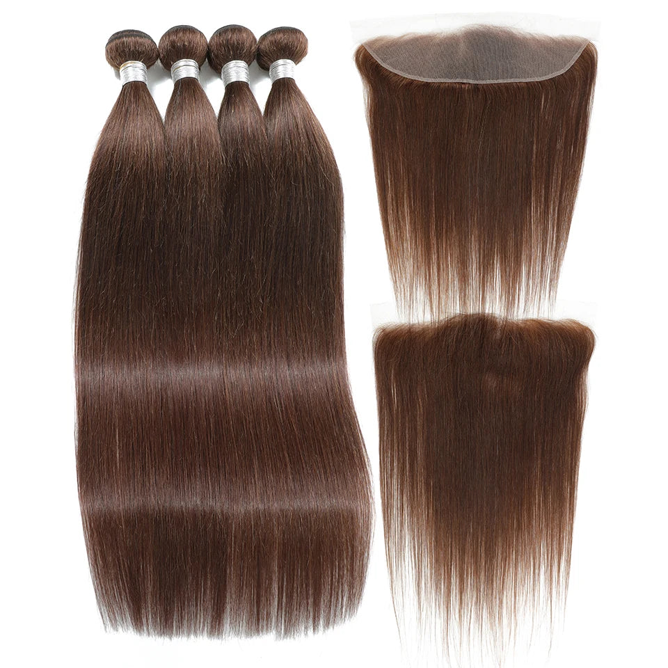 Chocolate Brown Straight Human Hair Bundles with Closure